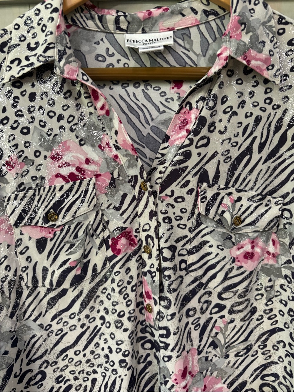 Navy Animal-Print 3-Button Front Top with Pink Floral and Silver Accents - Picture 6 of 8